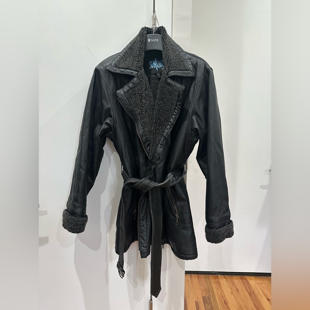 Black Shearling Leather Trench Coat jacket sz L